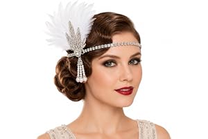 FrostyFlair 1920-tal pannband dam flapper pannband med fjädrar pärlor och strass 1920-tal hårprydnad dam kostym tillbehör (vit