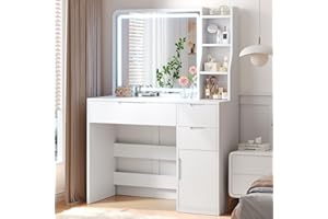 Brinlawb Schminktisch mit Beleuchtung und Spiegel 3 Farben mit Einstellbarer Helligkeit Kosmetiktisch mit 3 Schubladen 3 Regalen und 1 Schrank mit Tür Make up Tisch Frisiertisch für Schlafzimmer Weiß
