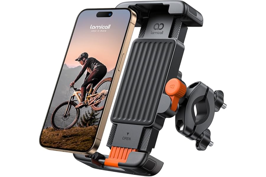 Lamicall Bike Phone Holder Bicycle - 【Foldable Clamp】 Motorbike Phone Holder, Universal Motorcycle Handlebar Clamp Mount for iPhone 17 16 15 14 13 Pro Max Mini Air, Samsung S25, All Phones - Orange