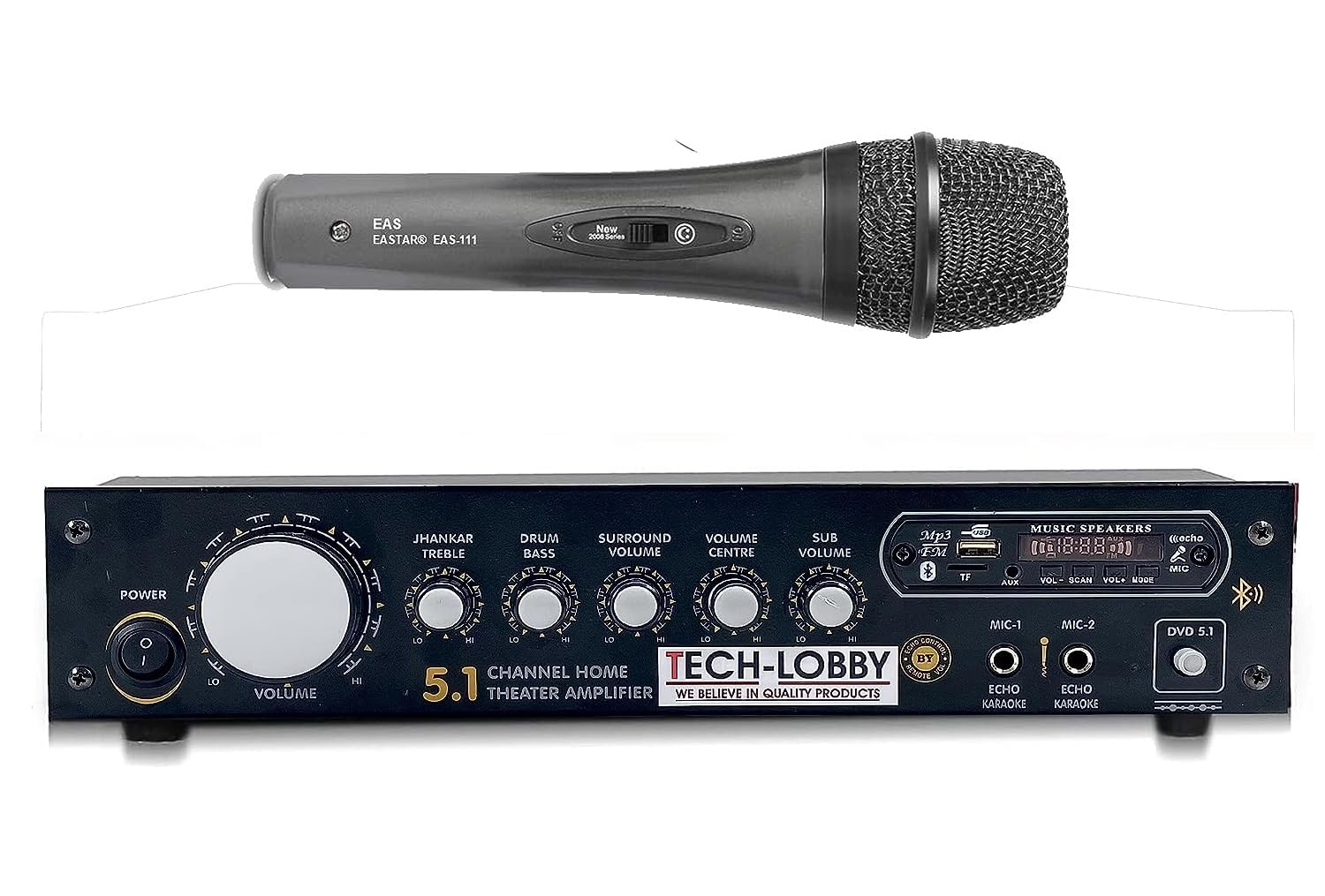 Tech-Lobby New Updated 2024 TL-2037 5.1 Surround Sound Amplifier with SD Card, USB, Bluetooth, FM, AUX, and Karaoke Mic Support, Plus Dual Woofer IC for Deep Bass – Comes with Wired Mic.
