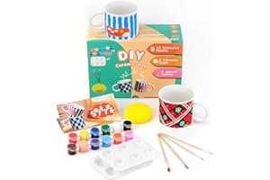 SelfTek Kit de peinture en céramique DIY - Tasses à peindre - Kit créatif pour adultes avec 2 tasses, 12 couleurs, 4 pinceaux, 2 palettes, inspirations de peinture, tasses à peindre pour amis, famille