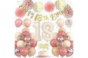 Froova 18th Birthday Decorations for Girl Retro Blush Pink Birthday Balloons Happy 18th Banner Cake Topper Pom Poms Dusty Rose Gold Number 18 Balloon for Her 18 Year Old Bday Party Decoration Supplies