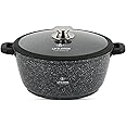 LIFE SMILE Cooking Pot - Multi Layer Non Stick Granite Coating 100% PFOA Free - Glass Lid With Silicone Rim - Detachable Silicone Handles - oven safe (Black, 32CM (9.5 Liters))