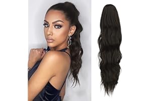 FESHFEN Ondulato Coda Capelli Extension Pinza, Coda Extension con Pinza Posticcio 50 cm Clip Coda di Cavallo Ondulata Estensioni dei Capelli Sintetici per Donne Signore Nero Marrone