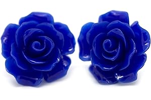 Bluebubble ENGLISH ROSE 22mm Sapphire Blue Carved Rose Stud Earrings on Gift Card