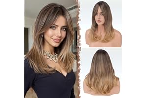 FESHFEN Pelucas Larga con Flequillo, Peluca Sintética de Cabello Natural Peluca de Pelo para Mujeres, 45 cm De Raíces Negras a Rubio Castaño