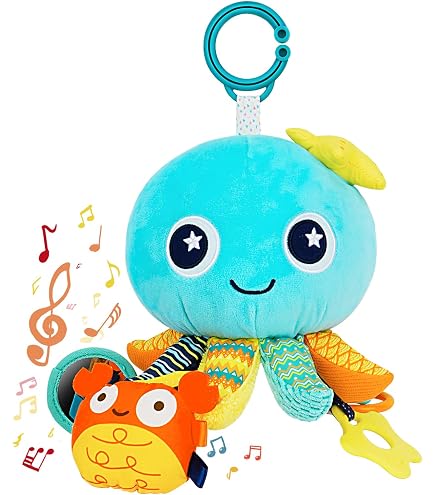 WolinTek Jouet Poussette Bébé - Peluche Hochet Dentition Avec Miroir, Animaux Doux Pour 3-12 Mois - Cadeau Anniversaire