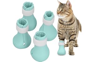 CYRANK 4 Stück Katzenstiefel, Kratzfeste Silikon-Katzenschuhe, Katzenpfotenschutz, Nagelabdeckung für Katzen, Zuhause, Baden, Pflegen, Rasieren, Überprüfung, Behandlung(Grün)