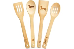 Geiserailie 4er Dackel Geschenk für Hundeliebhaber Frauen Männer, Lustig Kochlöffel und Pfannenwender aus Holz, Küchenhelfer mit Dackel Motiv, Kleines Geschenk für Köche, Weihnachten & Geburtstag