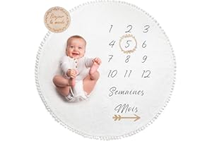ODOXIA Couverture Etape Bébé en Français | Tapis Photo Rond Mois Garçon, Fille, Unisexe | Neutre | Cadeau Baby-Shower Personnalisé Jeunes Mamans | Tapis Photo Bebe | Cadre Bois Fourni