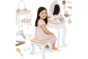 Mamabrum Kids Dressing Table for Girls with Mirror and Stool - Wooden Vanity Table and Chair with Accessories - Role Play Set Toy for Make Up Artist