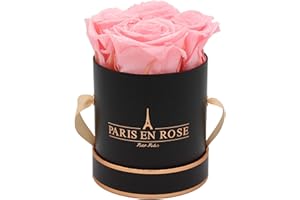 PARIS EN ROSE Rosenbox | mit 4 rosa Infinity Rosen Größe XL | konservierten ewige Rose | runde Schwarz-Rosegold Box | 3 Jahre haltbar