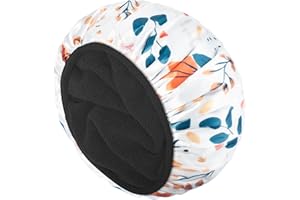 Aquior Shower Cap,Extra Large Triple Layer Bathing Cap with Dry Hair Function for Women Microfiber Terry Cloth Silky Satin 100% Waterproof Reusable Long Hair Bath Caps(Orange flower)