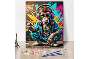 TISHIRON Kit de peinture par numéros pour adultes, graffiti, peinture à l'huile par numéro, animaux par numéros, DJ singe, avec casque et lunettes de soleil, sans cadre, 40 x 50 cm