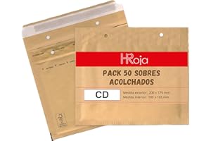 HRoja - Sobres Acolchados CD (200 x 175 mm), Pack de 50 - Papel Kraft con Burbuja Interior - Autoadhesivos, Resistentes, Antigolpes y Antimanipulación para Envíos y Paquetería
