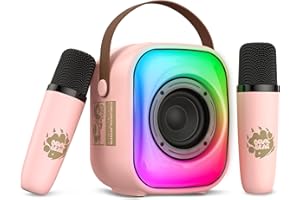 PHNIXGAM Mini Karaoke Machine, Portable Bluetooth Speaker with 2 Wireless Microphones, Karaoke Microphone with LED, Speaker Support for TF Card/USB, AUX in (Pink)