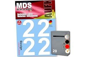 ‎MDS BRAND MDS Brand 5cm Design Zahlen Aufkleber Selbstklebende Klebezahlen | Vinyl Hausnummern zum Aufkleben für Briefkasten, Mülltonnen, Hausnummer für Außen & Innen (Weiss, 2)