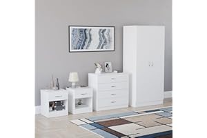 Vida Designs Riano 4 Piece Bedroom Set - 1 Drawer Bedside Chest, 4 Drawer Chest, 2 Door Wardrobe - White