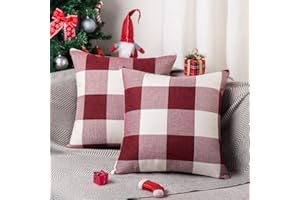 ORANIFUL Funda de Cojín 50x50 Navidad de Cuadros Juego de 2 Fundas de Almohada Cuadradas Decorativa Lino para Hogar Sofá Silla Cama Sala de Estar Dormitorio 2 Piezas ( Rojo & Blanco )