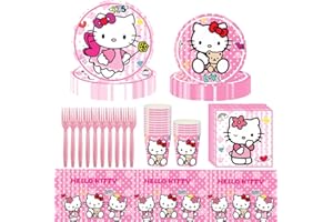IFHDO Hello Kitty Stoviglie per Feste Hello Kitty Forniture per Feste Bambini Compleanni Decorazione per Feste Stoviglie di Compleanno Set Piatto Tovagliolo Tazza Tovaglia per 10 Ospiti