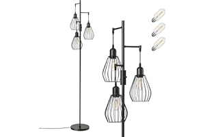 EDISHINE Industrial Floor Lamp, Dimmable Standing Lamp with Wire Cage Lampshade, Floor Lamps for Living Room, Bedroom, E27 Sockets, 3 LED Bulbs Included, Black Metal