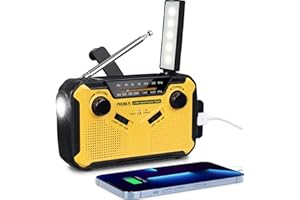 PRUNUS J-369 Radio Portatile Emergenza FM/AM, Radiolina a Manovella Dinamo, Radio Solare Piccola con Batteria Ricaricabile da 3000 mAh, Radio a Pile con Allarme SOS e Torci (Giallo)