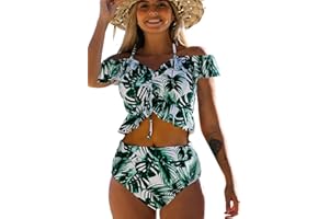 JFAN Bikini Set Off Shoulder Ruffled Flounce Crop Top High Waisted Bottom Tummy Control Swimsuits for Women