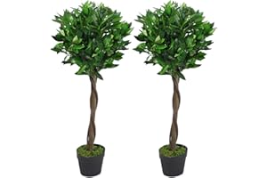 Leaf Design UK Pair of Artificial Bay Topiary Ball Trees, Green Twist, 90cm (3ft)