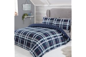 Sleepdown Tartan Check Crisscross Flannelette Brushed 100% Cotton Bedding Duvet Cover & Pillowcases Set - Navy - King