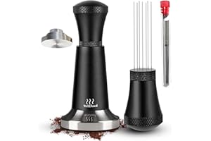 WELCLOUD Tampon à café Wdt Tool, 2 en 1 - Tampon à expresso - 51 mm - En aluminium - Avec support - 7 x 0,3 mm - Acier inoxydable 304 - Outil professionnel WDT - Outil de distribution d'expresso - Pour barista
