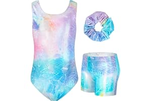 JiAmy Gymnastics Leotards for Girls with Short, Kids Athletic Crisscross Back Dancewear Gymnastics Athletic Outfit 3Pcs for Kids 3-12 Years