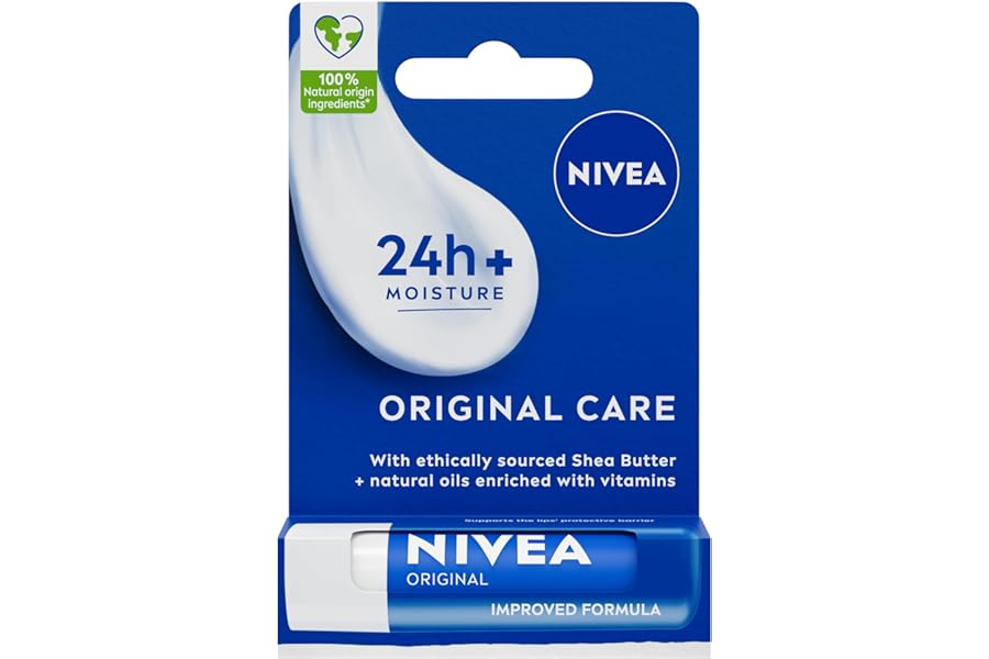 NIVEA Lip Balm Original Care (4.8g) Lip Balm Deeply Hydrates Lips for 24h+, with 100% Natural Origin Ingredients, Shea Butter, and Vitamins, Lip Care