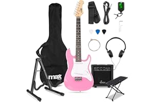 MAX GigKit 3/4 Junior Electric Guitar Starter Bundle – Pink, Complete Kids Guitar Beginner Kit with Amp, Adjustable Foot Rest, Guitar Stand, Full Practice Set for Learning, Musical Instruments