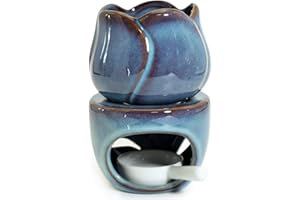 BEYLAB Duftlampe Keramik Teelicht für ätherische Öle, Wachsschmelzbrenner mit Kerzenlöffel, Design Aroma-Teelichthalter, Stövchenfür, Duftöl und Duftwachs - blau