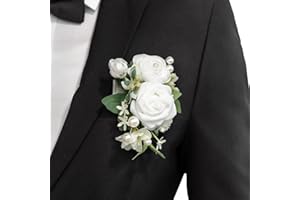 ‎LING'S MOMENT Ling's moment Single Boutonniere für den Bräutigam, künstliche Blumen für Hochzeitsdekoration/Abschlussball/Heimkehr/Abschlussfeier usw. Weißer Ranunkel Elfenbein