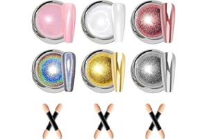 BISHENGYF Dorado Efecto Espejo UñAs: 6 piezas de Polvo Holográfico Láser Brillante Polvos UñAs Efecto Perla Efecto Espejo Metálico Rosa, Kit de Polvo Iridiscente con Perlado Blanco, Decoración de Uñas