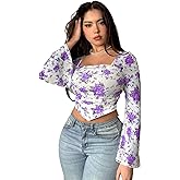 Istyle Can Floral Print Slim‑Fit Crop Top with Square Neck & Bell Sleeves Casual for Women, 95 % Polyester/5 % Elastane Knit,