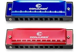 Conjurer Blues Mundharmonika C-Dur 2er-Set für Anfänger Kinder Blues Harp C 10-Loch Diatonische Harmonika Instrument aus Metall mit hochwertigen Messing Rohrblatt, Mundharmonika Set, Blau und Red