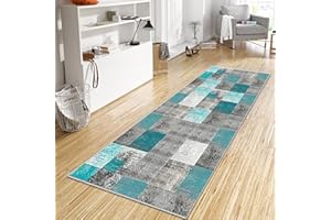 ‎WTHYGB WTHYGB Teppich Läufer Flur Küche 50x170 cm, Modern rutschfest Waschbar Küchenläufer Flurläufer, Lang Polyester Plaid Muster Wasserblau Teppichläufer für Korridor, Schlafzimmer, Innen Wohnzimmer