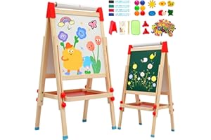 NUKIED Kids Easel with Paper Roll Double-Sided Whiteboard & Blackboard Standing Easel with Numbers and Other Accessories for Kids and Toddlers (T04)