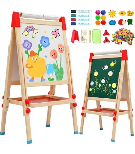 Cavalletto Per Bambini GOPLUS Con Doppia Lavagna (bianca/nera) E Rotolo Di Carta, In Legno, 117 Cm, Accessori Inclusi