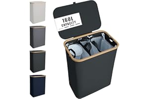 NOSTHEART 160L Cesto Portabiancheria con Coperchio, Cesta Portapanni con 3 Scomparti con Manici Laterali in Bambù, Cesto Biancheria Sporca Salvaspazio e Pieghevole, XXL