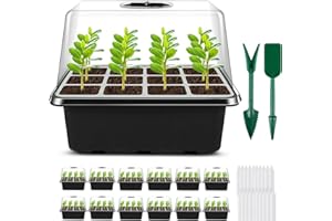Qmioti 12 Stück Zimmergewächshaus Anzuchtkasten, 144 Zellen Mini Gewächshaus Klein Anzuchtset Anzuchtplatte mit Feuchtigkeitskuppel, Gewächshaus Keimungsset für Sämling Pflanze, Schwarz