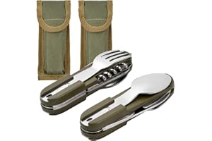 Dokeno Vaisselle Pliante en Acier Inoxydable 2 Pièces, Couvert Camping Multifonction 8 en 1 Amovible Vaisselle de Camping pour la Randonnée en Plein Air Pique-Nique Voyage