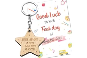BOOMTOP Good Luck Star Keyring Gifts at Secondary School, First Day At Secondary School Wooden Star Keyring Gifts with Card Envelop Good Luck at Secondary School Gifts for Boys Girls