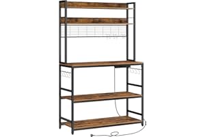 VASAGLE Étagère de Cuisine avec Multiprise, Support pour Micro-Ondes, Étagère de Rangement, avec Panneau Grillagé, 14 Crochets, 40 x 100 x 170 cm, Marron Rustique et Noir KKS038B01EU