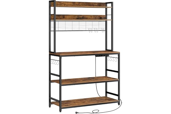 VASAGLE Étagère de Cuisine avec Multiprise, Support pour Micro-Ondes, Étagère de Rangement, avec Panneau Grillagé, 14 Crochets, 40 x 100 x 170 cm, Marron Rustique et Noir KKS038B01EU