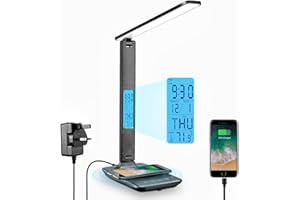 LAOPAO LED Desk Lamp with 10W Wireless Charging and USB Charging Port, 3 Colour Temperatures, 5 Brightness Levels,Touch Control, Time,Temperature,Clock Function for Home Office [Black]