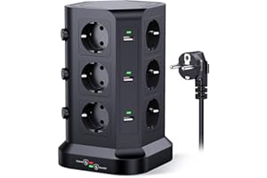 KOOSLA Tour multiprise parafoudre et surtension(4000W/16A), Multiprise Electrique avec 6 Ports USB et 12 Prises, multiprise avec et 3 Interrupteurs, 2M Cordon, Noir
