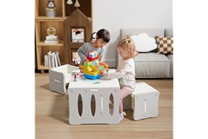BenaRita Set tavolo e sedia per bambini Tavolo multifunzionale per attività e studio in plastica per bambini con 2 sgabelli Scrivania e sedie per bambini (Bianco Grigio)